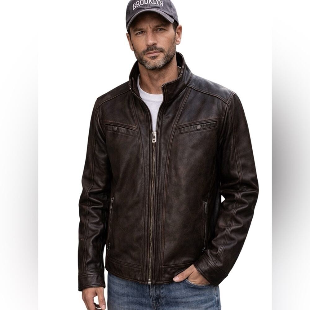 Wilsons Vintage Brand Brown SEAN LEATHER RACER JACKET, Biker, Moto, Classic XL